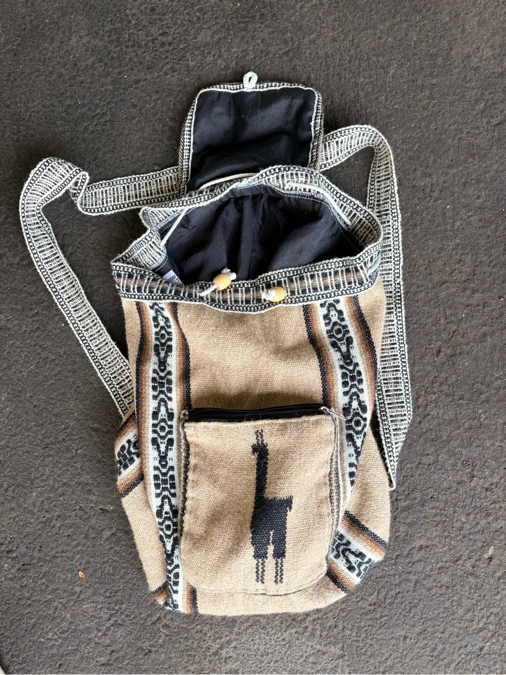 Handwoven Beige and Black backpay- Llama Design